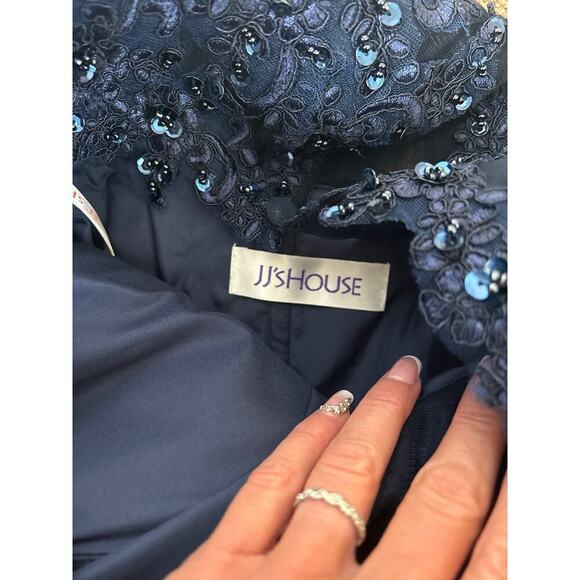 JJ's House A-line Boat Neck Illusion Maxi Lace Chiffon Dress Sequins Navy Blue - Picture 6 of 9